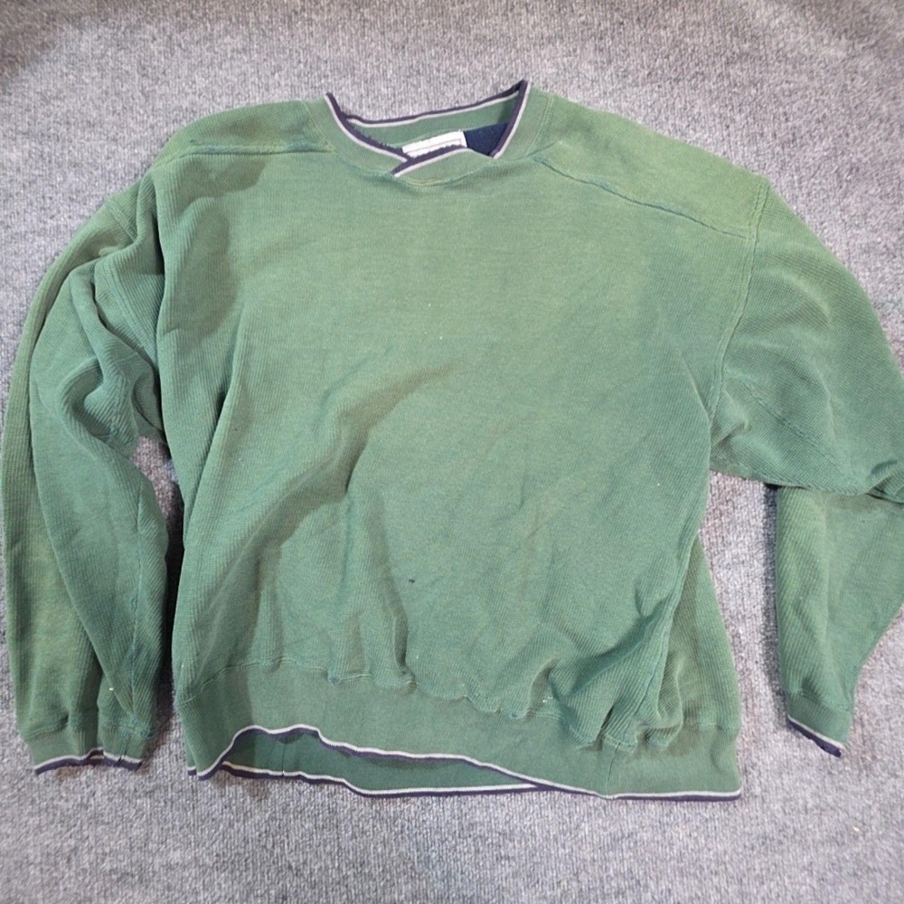 Santee Sweatshirt Mens XL Green Waffle Knit V Neck Pullover Striped Trim Casual